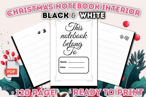 Christmas Notebook Interior: Elegant Black and White